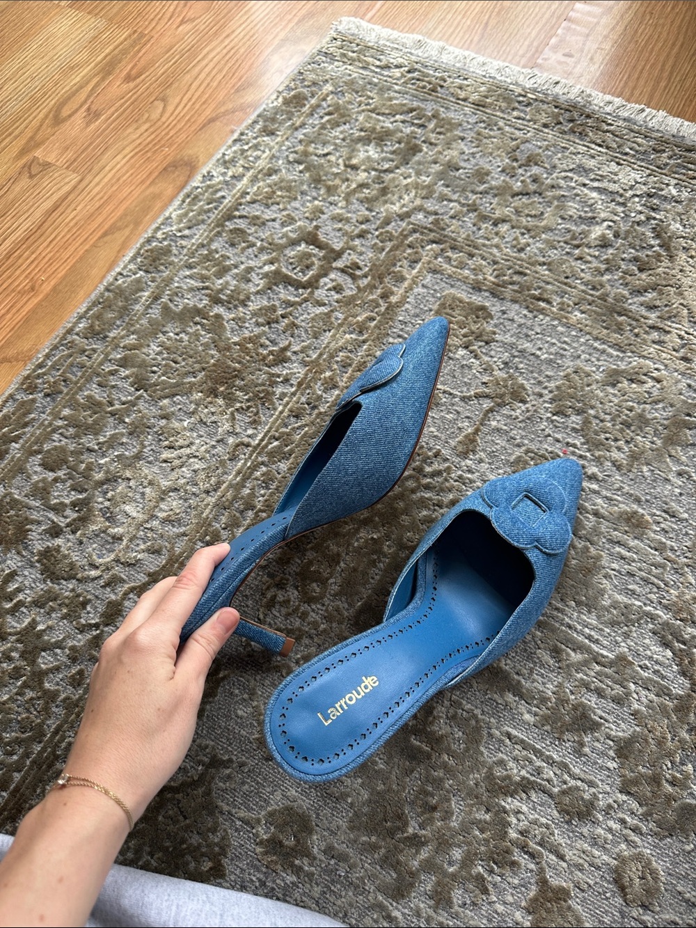 Larroude Denim Pointed Toe Slip-On Heels
